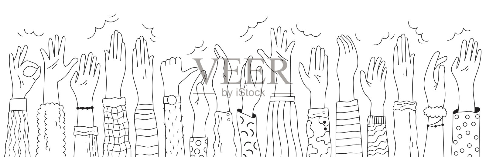 手绘的人举手鼓掌，鼓掌的手势，好的和大拇指有趣的涂鸦在白色插画图片素材