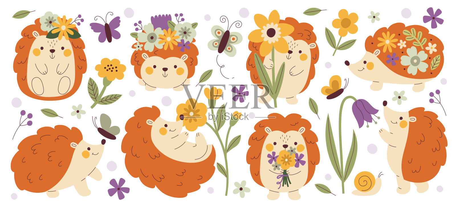 可爱的刺猬人物背着春天的野花，手里，头上矢量插图插画图片素材