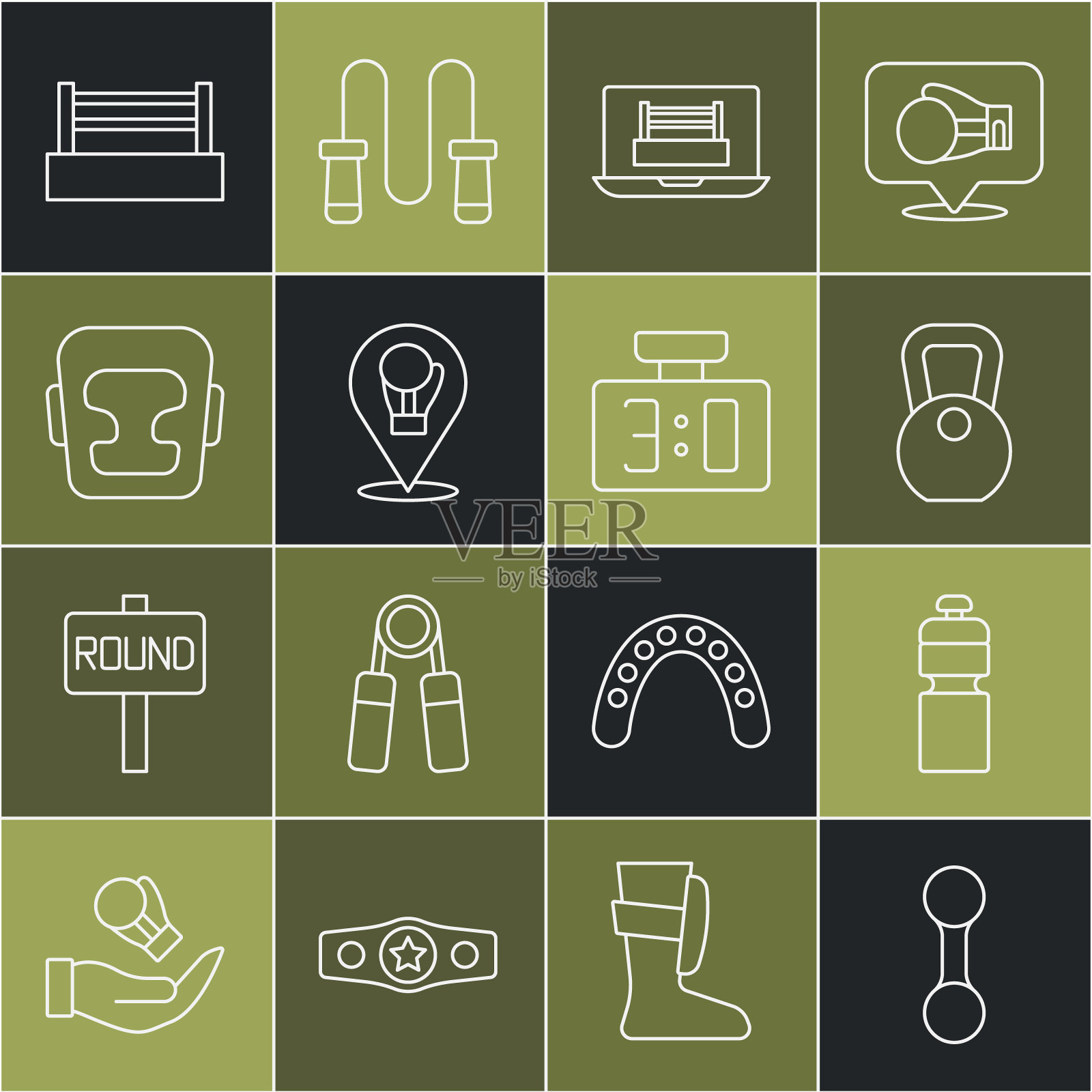 设置线哑铃，健身摇床，重量，拳击戒指，手套，头盔，和运动机械记分牌图标。向量插画图片素材