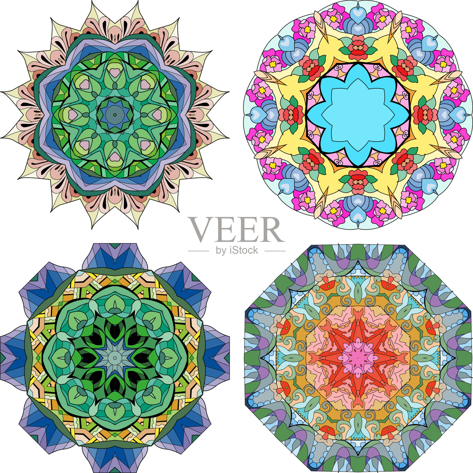 手工绘制的四色曼陀罗装饰插画图片素材