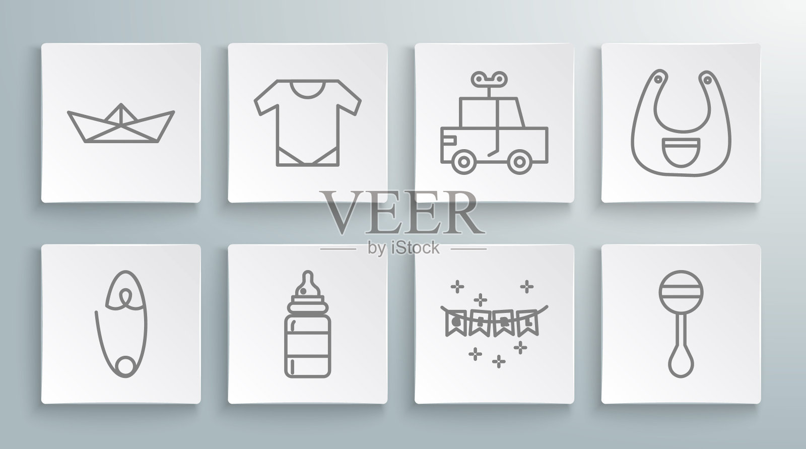 设定线经典钢安全别针，婴儿连体衣，瓶子，嘉年华花环与旗帜，拨浪鼓婴儿玩具，玩具车，围嘴和折叠纸船图标。向量插画图片素材