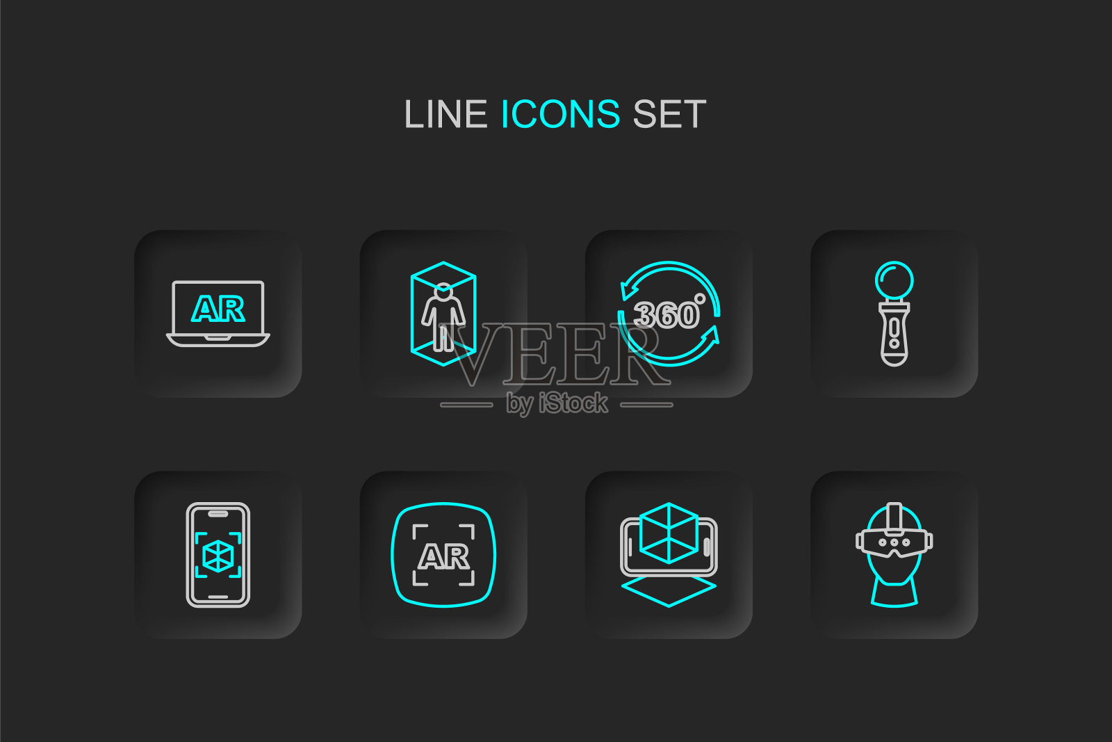 虚拟现实眼镜，3d建模，增强现实，VR控制器游戏，360度视图，和图标。向量插画图片素材