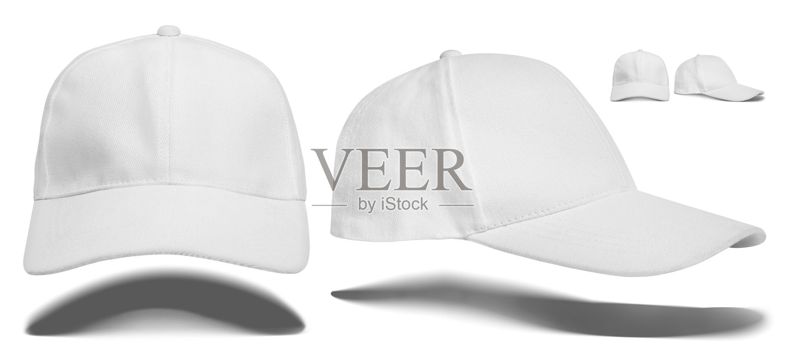 两个白底白帽。帽子的正面视图和运动上衣的侧面视图。头饰布局模板。清洁逼真的照片模型与阴影。帽子与遮阳板隔离在白色背景插画图片素材