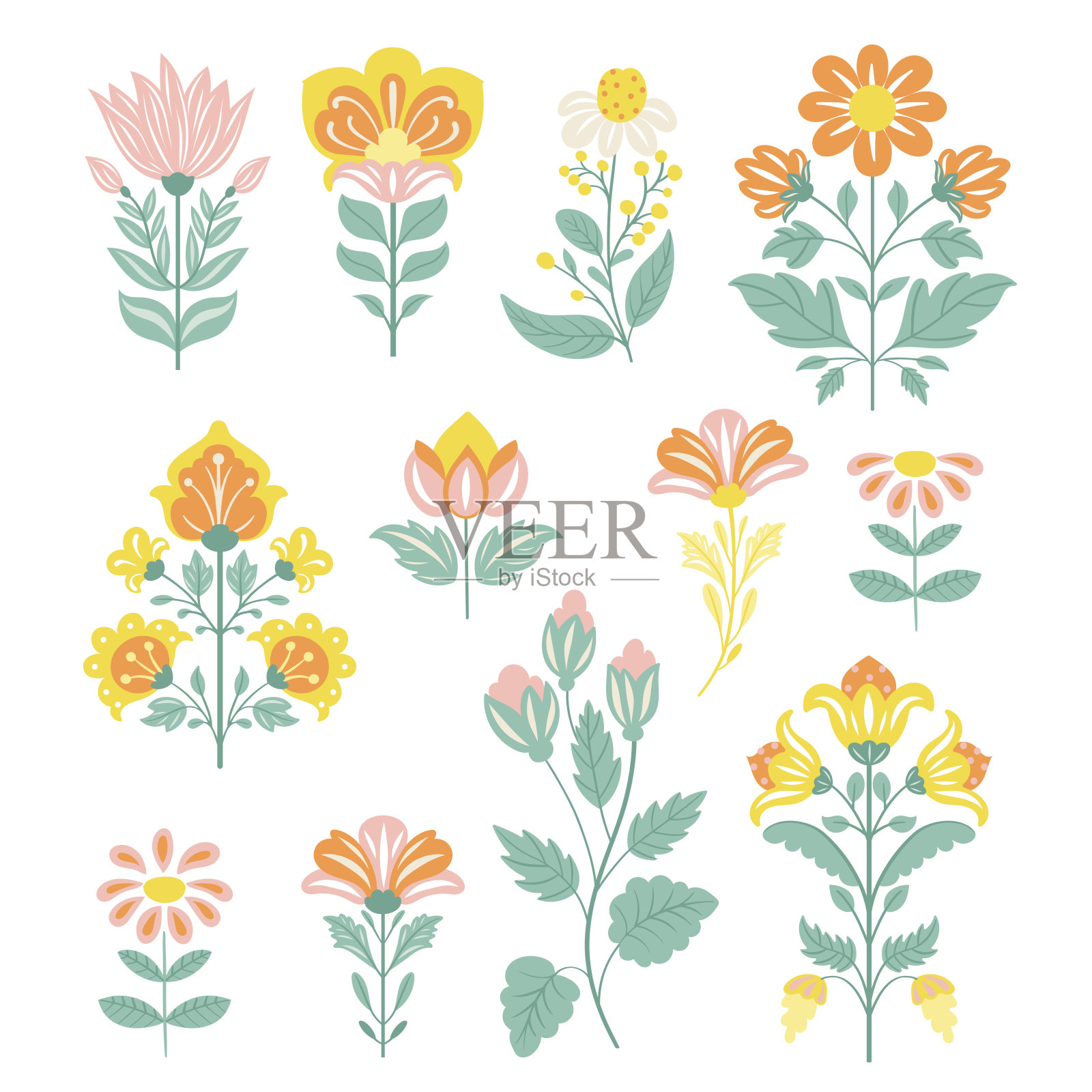 民间艺术设计元素合集：白色背景上手绘斯堪的纳维亚风格花卉矢量素材插画图片素材