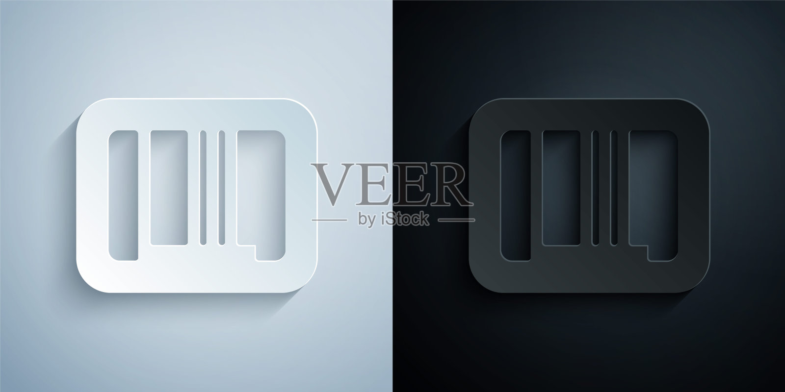 剪纸条形码图标隔离在灰色和黑色的背景。纸艺风格。向量插画图片素材