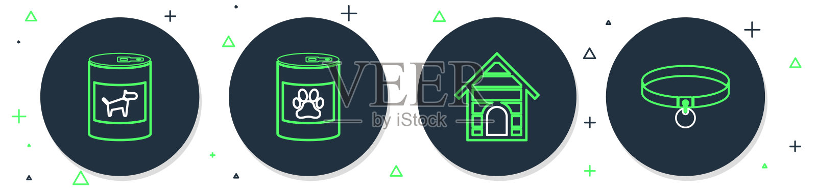 集线罐头食品，狗的房子，为狗和项圈图标。向量插画图片素材