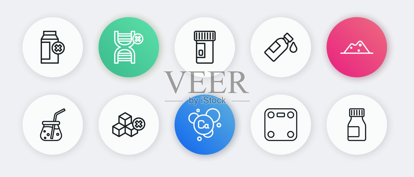 设置线钙，盐，新鲜冰沙，浴室秤，瓶装水，维生素，无糖图标。向量插画图片素材