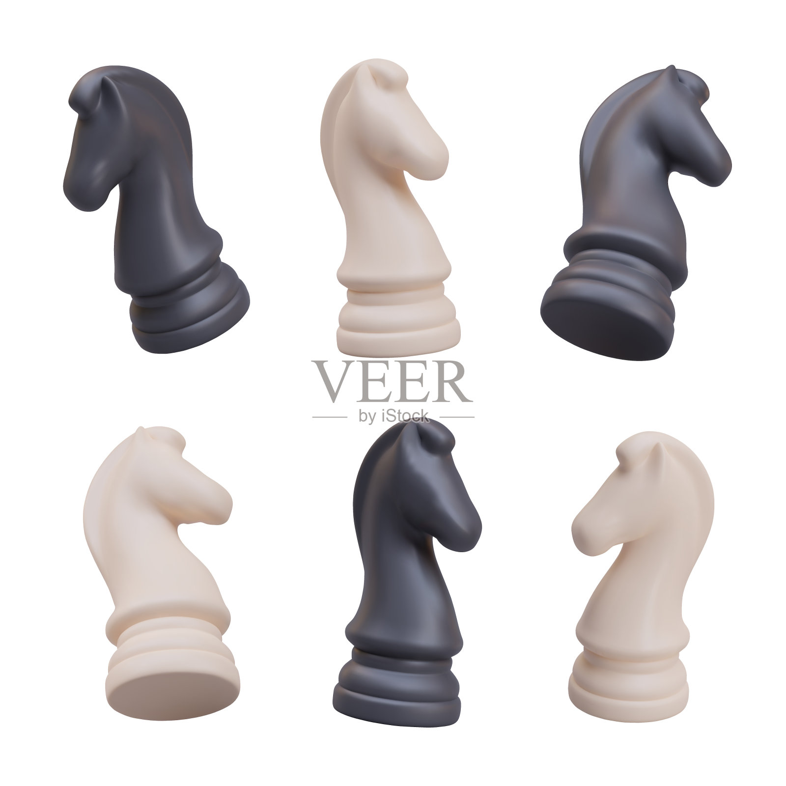 一套黑白相间的象棋骑士。逼真的游戏人物在不同的位置插画图片素材