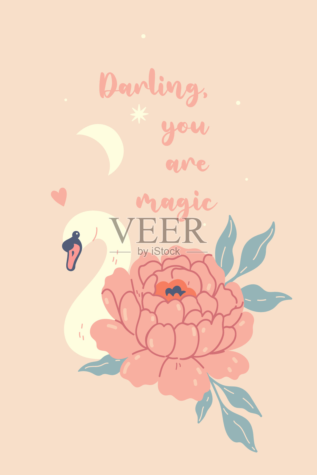 卡片上有可爱的天鹅、牡丹和题词。矢量图形。插画图片素材