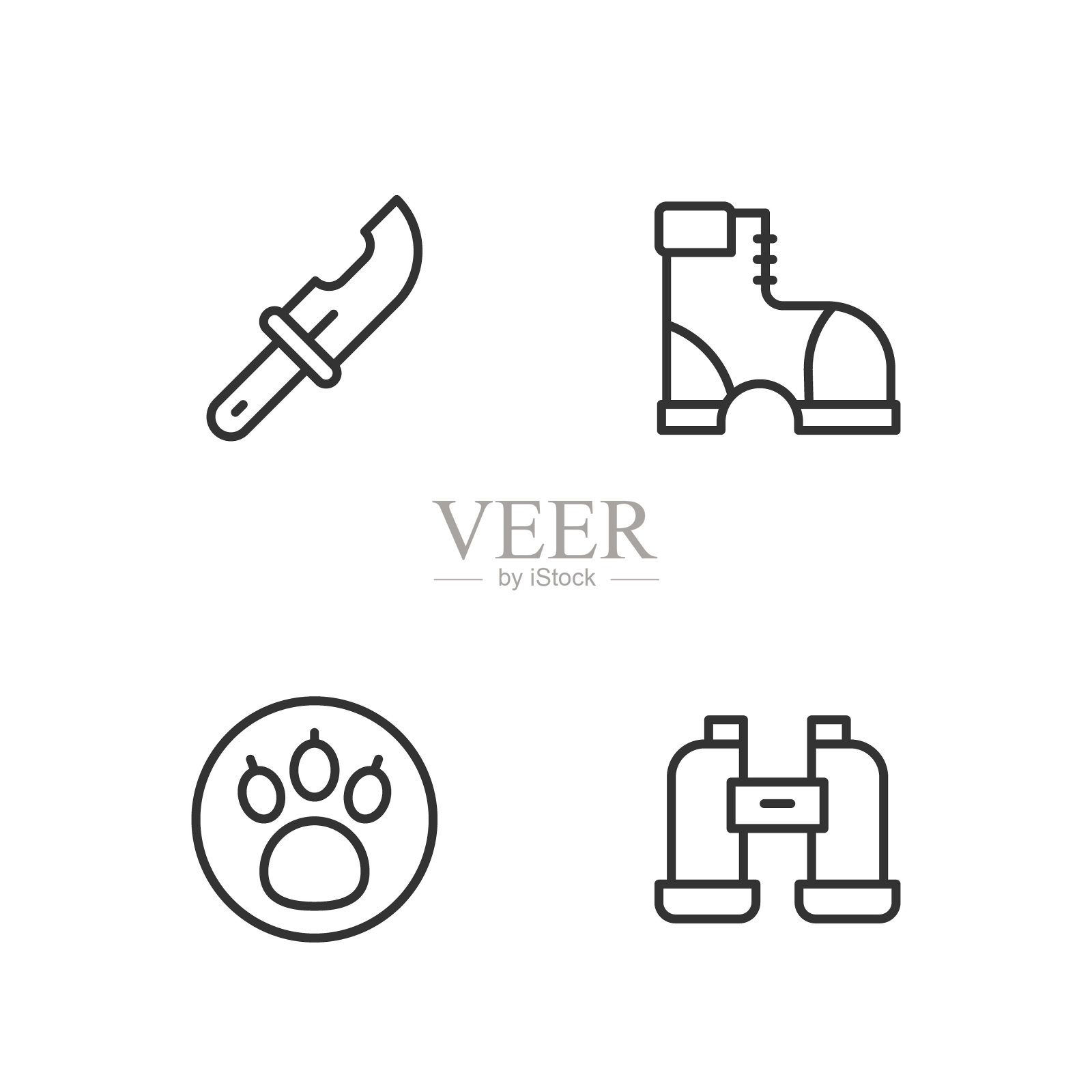 设置线双筒望远镜，爪搜索，猎人刀和靴子图标。向量插画图片素材