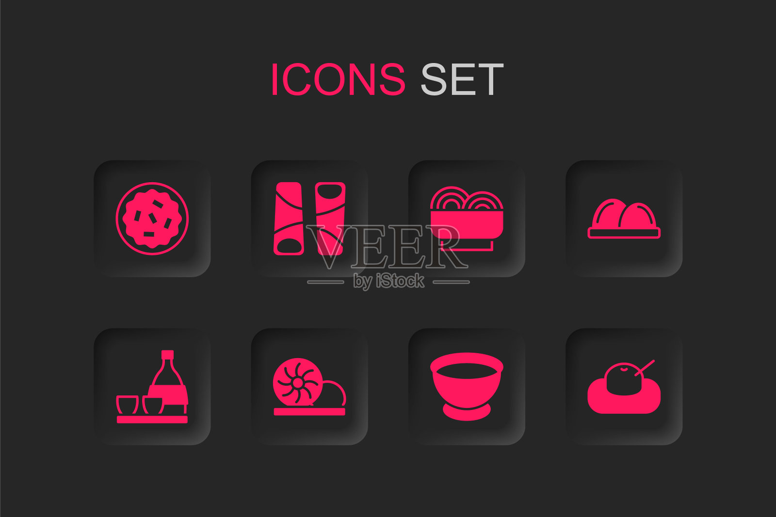 搭配小笼包、锅铁、自制派、碗酱油、寿司、麻糬、亚洲面、清酒。向量插画图片素材