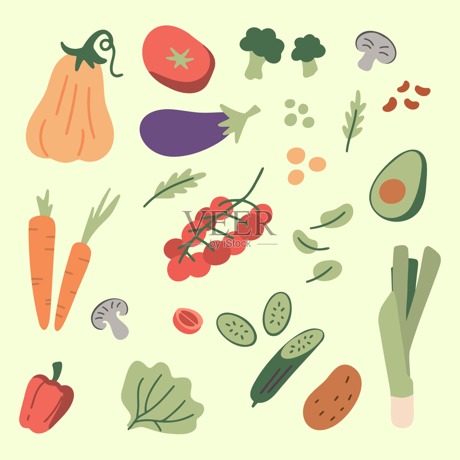 收集手绘蔬菜插图孤立的白色背景。一包新鲜美味的素食产品，健康健康的食品，烹饪食材。平面卡通风格插画图片素材