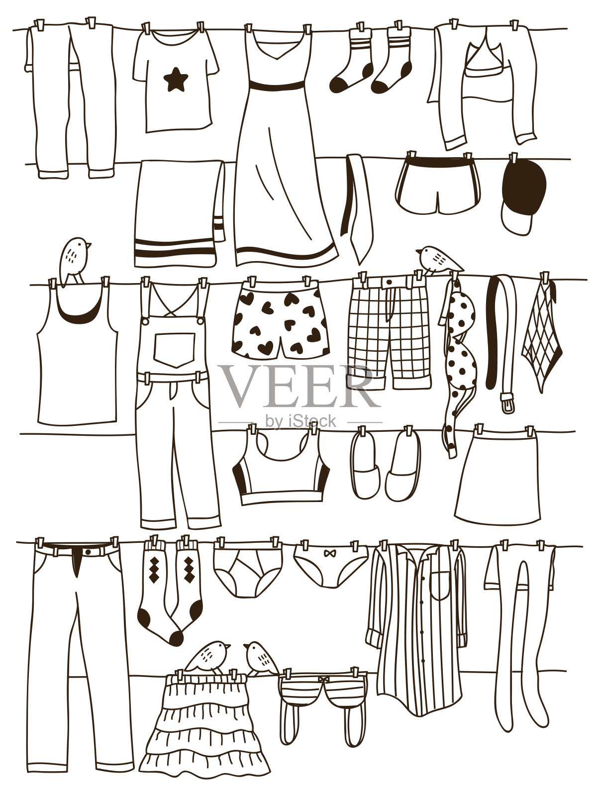 晾在晾衣绳上的衣服被隔离在白色背景上插画图片素材