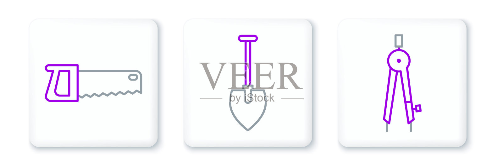 设置线绘制指南针，手锯和铲子图标。向量插画图片素材