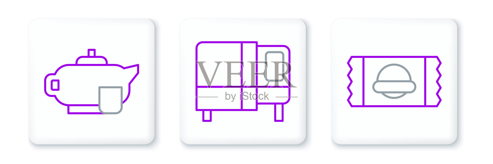 设定线运动营养，茶壶与杯子和床的图标。向量插画图片素材