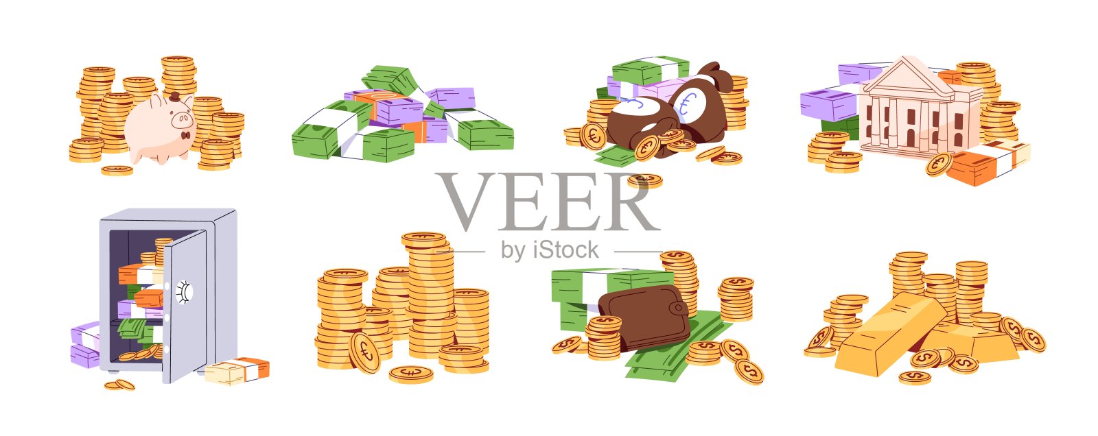 现金套现。一堆金币，存钱罐，保险箱里的钱。一堆美元钞票，美钞。金融储蓄，控股。成功,财富。平面隔离矢量插图上的白色插画图片素材