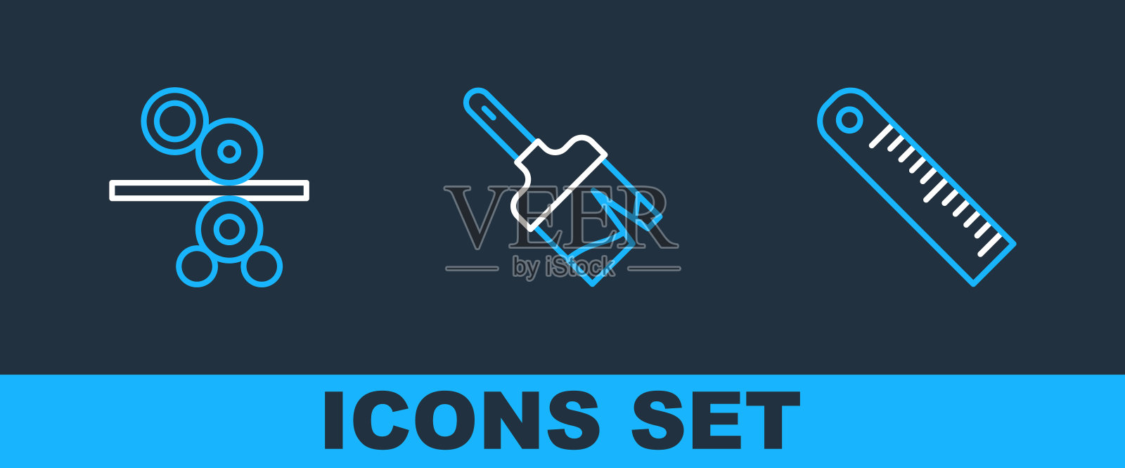 设置线尺，印刷机纸卷和油漆刷图标。向量插画图片素材