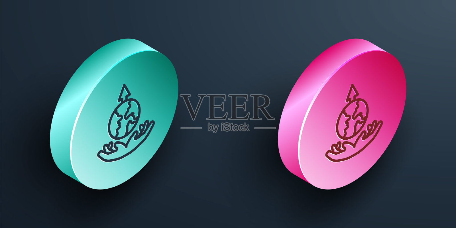 等距线世界扩展图标孤立的黑色背景。绿松石和粉色圆形按钮。向量插画图片素材