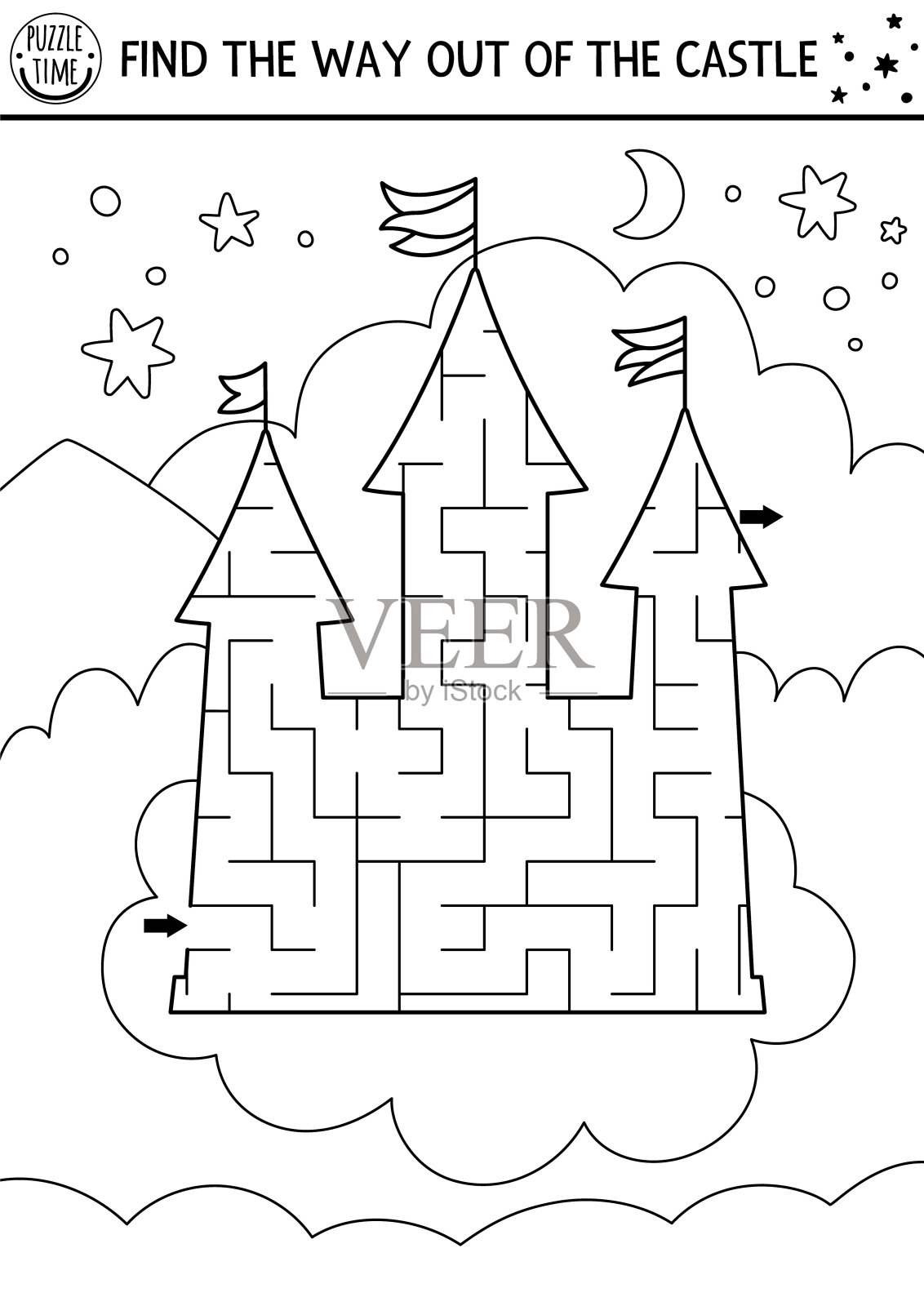 童话黑白几何迷宫的孩子。幼儿园线上可打印活动，形似独角兽城堡，云上有天空、星星、月亮。魔幻或奇幻迷宫游戏解谜，涂色页插画图片素材