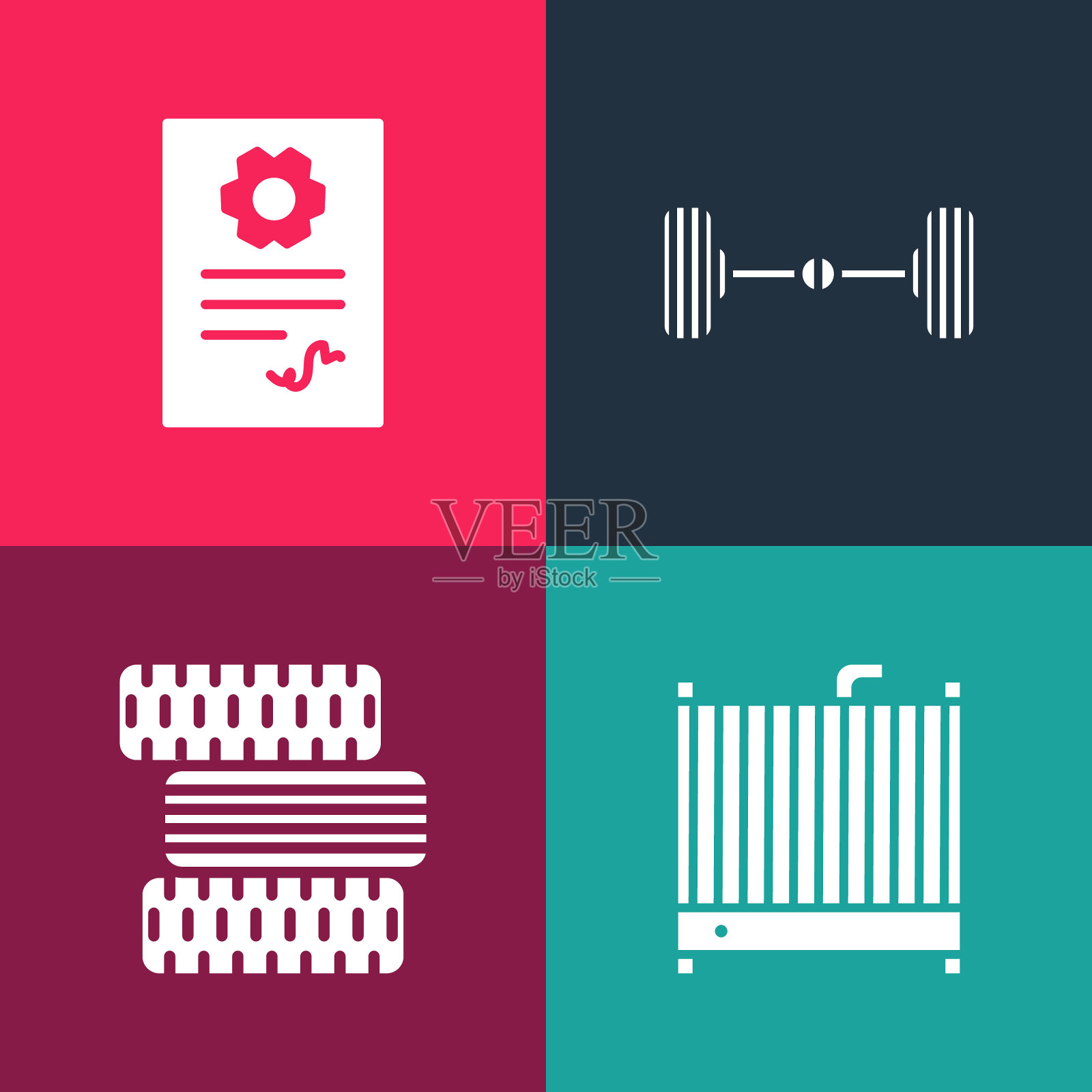 设置波普艺术汽车散热器冷却系统，轮胎车轮，汽车底盘和汽车服务检查汽车图标。向量插画图片素材