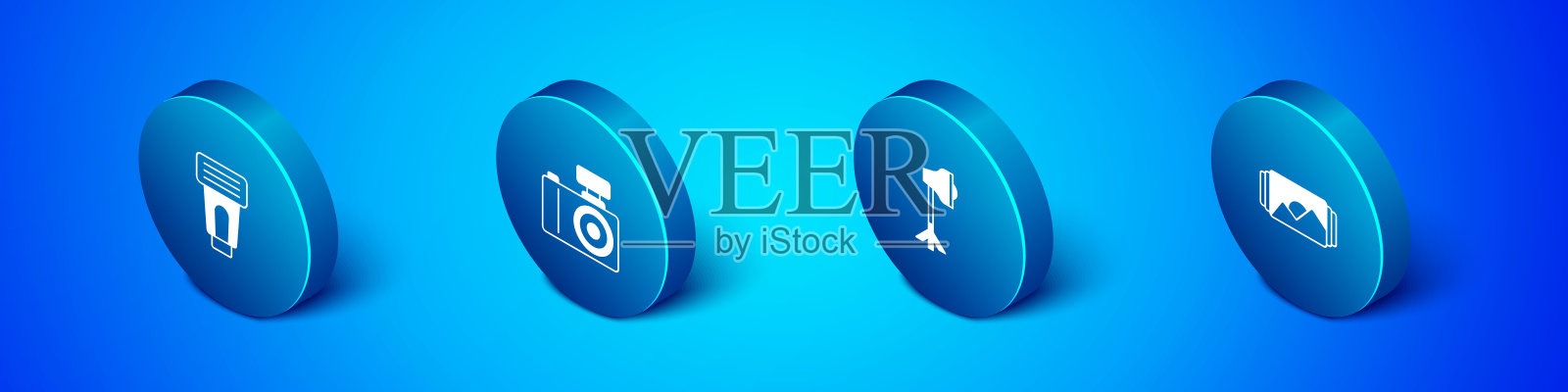 设置等距相机闪光灯，工作室灯泡在软箱，框架和图标。向量插画图片素材