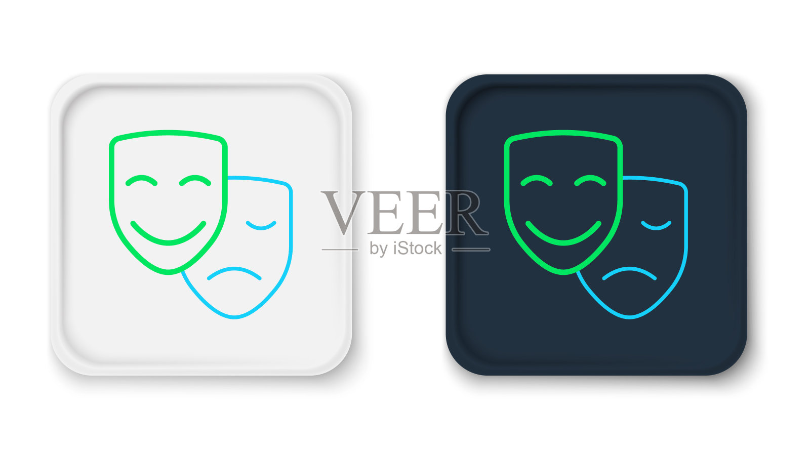 线喜剧和悲剧戏剧面具图标孤立的白色背景。色彩缤纷的轮廓概念。向量插画图片素材