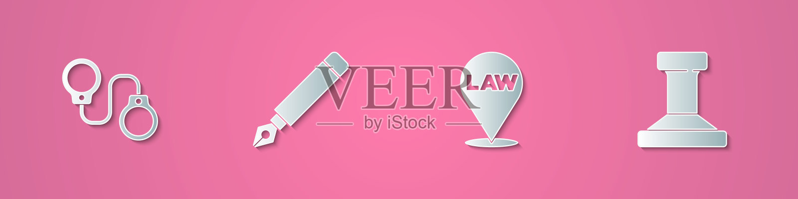 集剪纸手铐，钢笔笔尖，位置法律和邮票图标。纸艺风格。向量插画图片素材