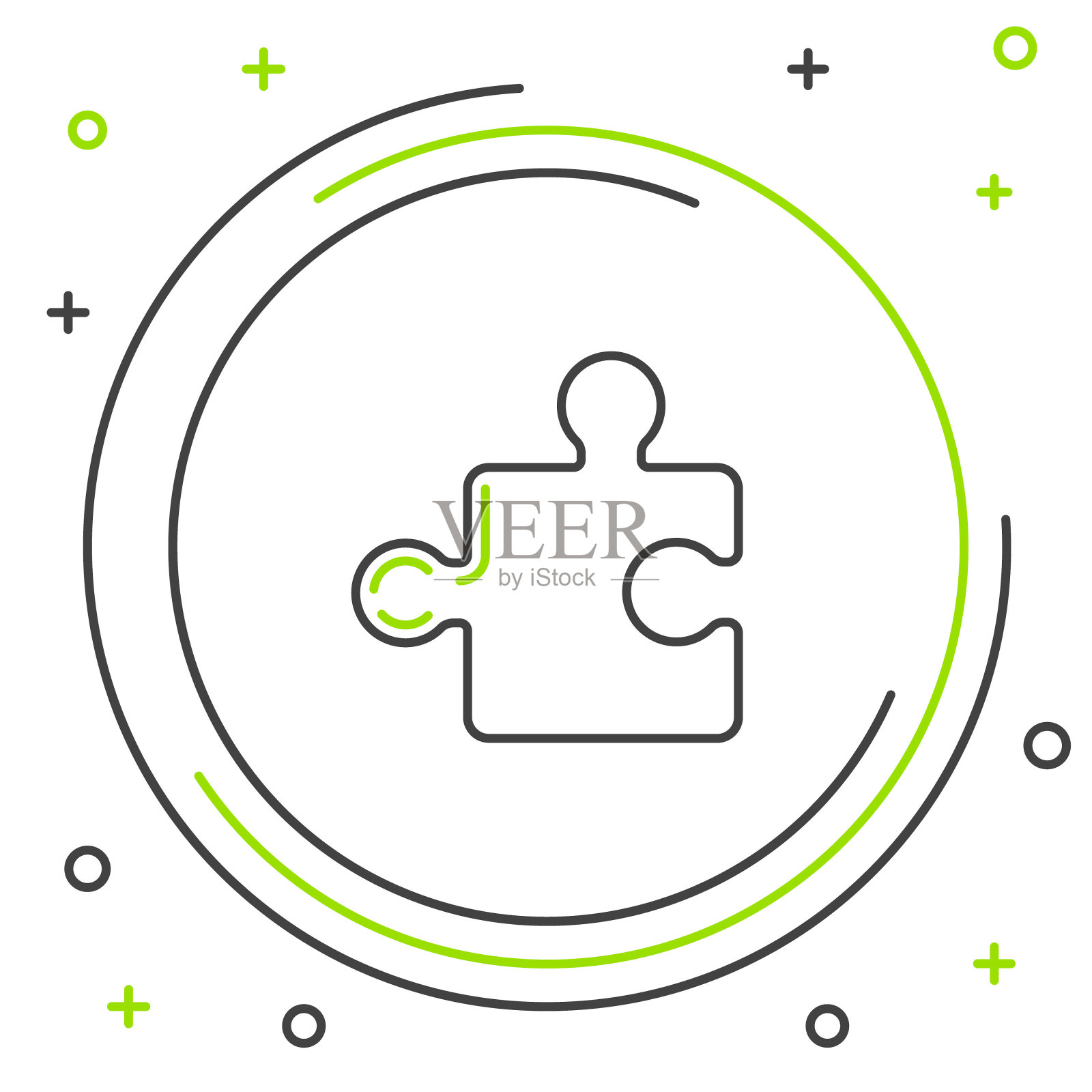 黑色和绿色的线条拼图图标孤立在白色的背景。现代扁平化，商业、营销、金融、互联网的概念。色彩缤纷的轮廓概念。矢量图插画图片素材