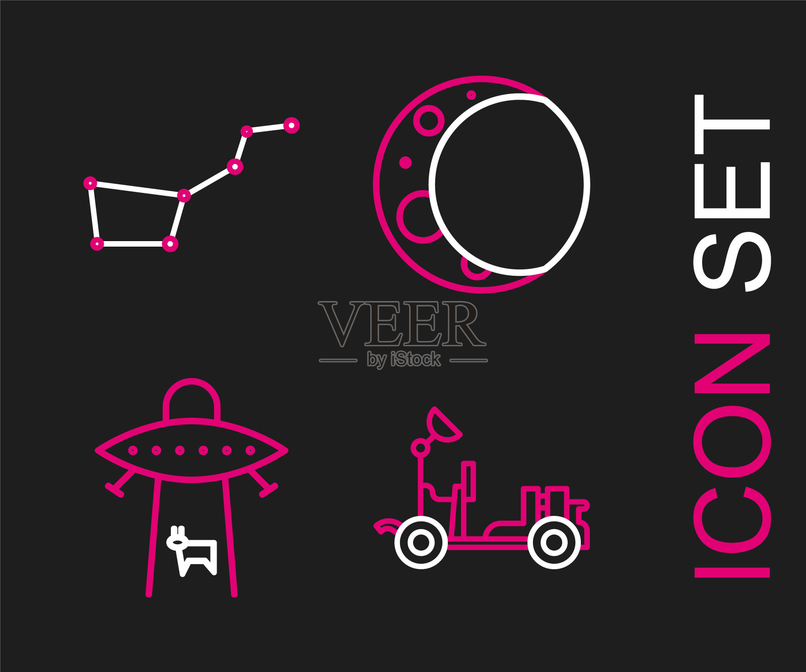 设置线火星探测器，行星，月球和大熊星座图标。向量插画图片素材