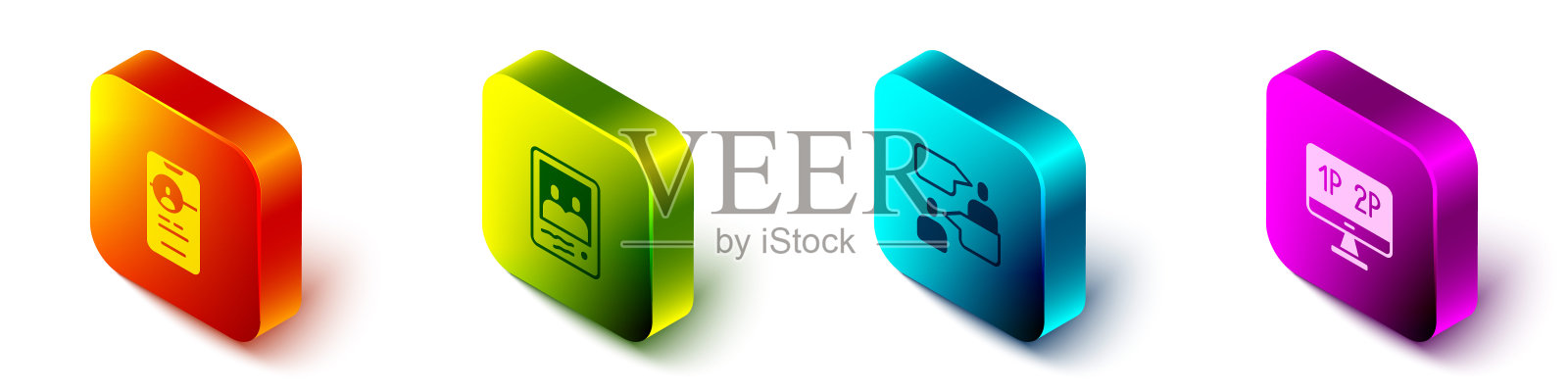 在线设置等距约会软件，全家福，两个坐着说话的男人和电脑屏幕图标。向量插画图片素材