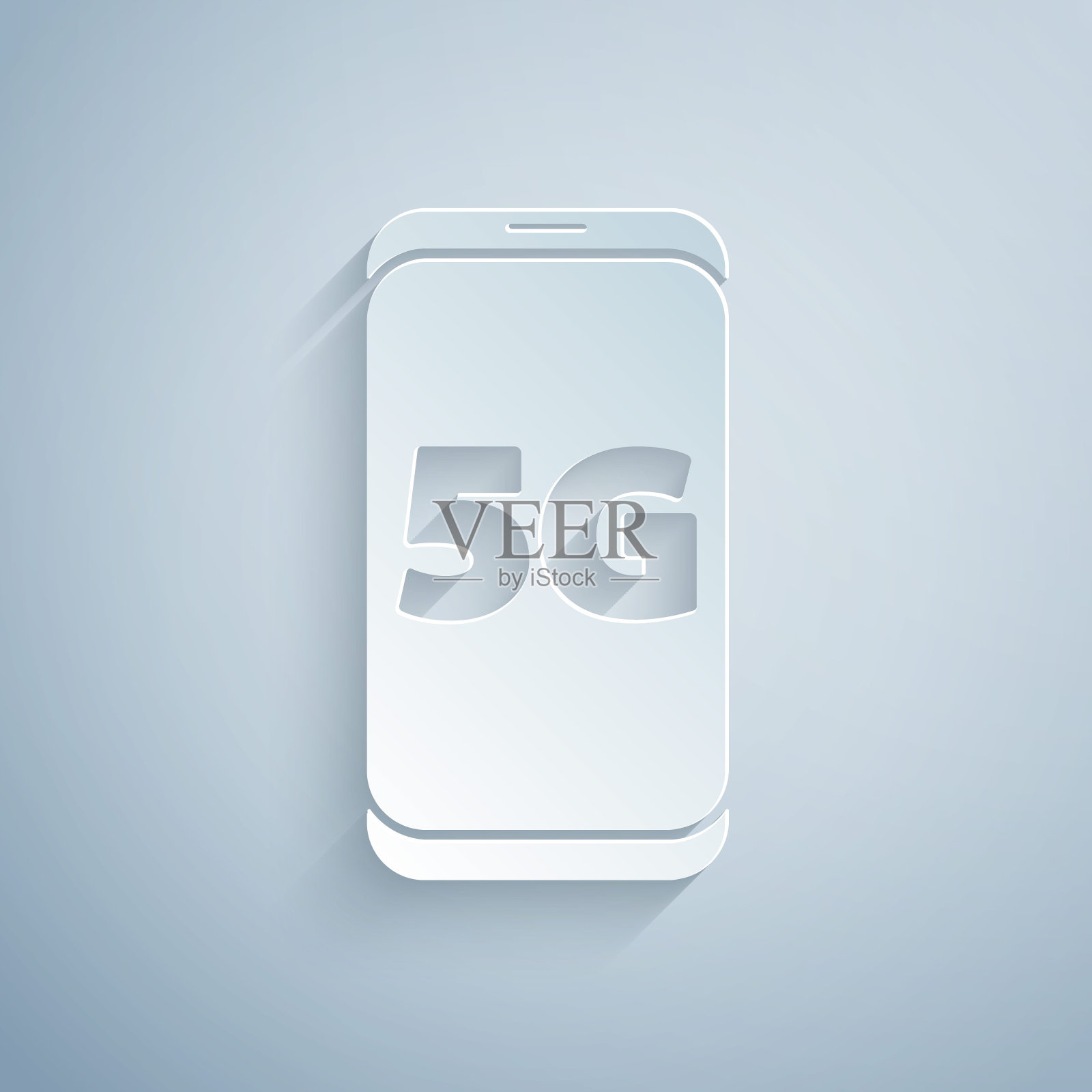 剪纸移动与5G新无线互联网wifi图标隔离在灰色背景。全球网络高速连接数据速率技术。纸艺风格。向量插画图片素材