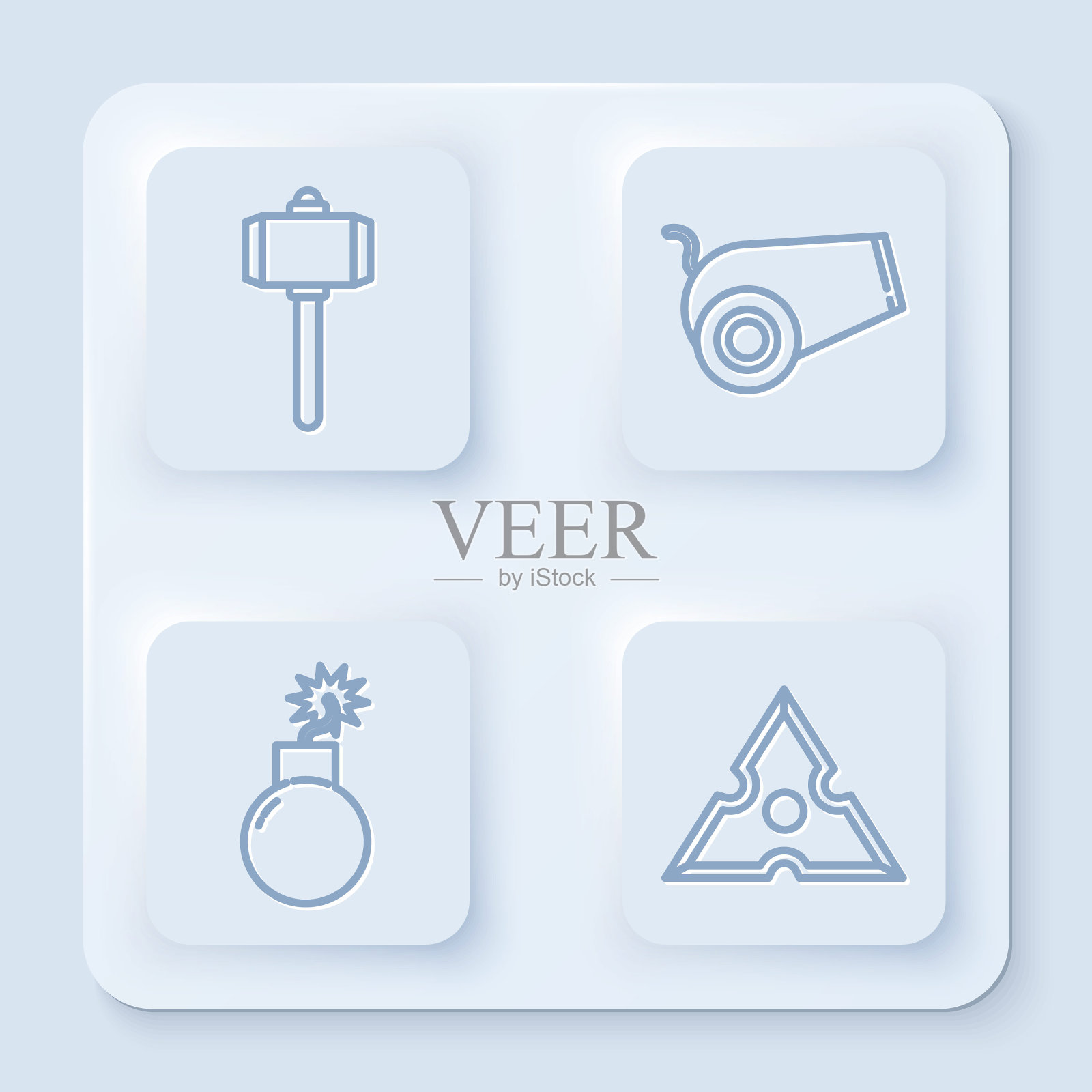 设置线战锤，大炮，炸弹准备爆炸和日本忍者神剑。白色方形按钮。向量插画图片素材