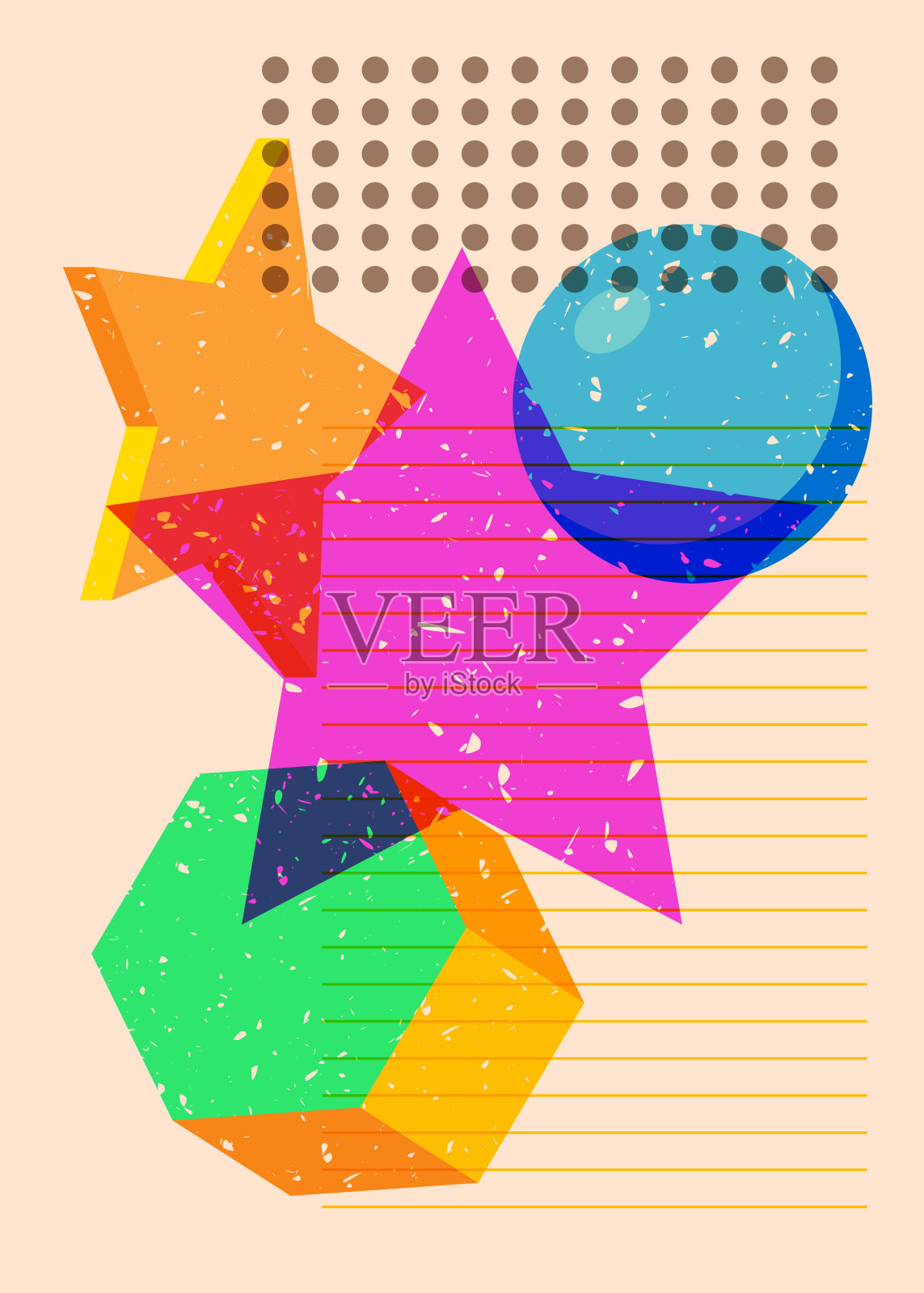 五颜六色的几何形状。新潮riso图形设计中的对象。几何元素抽象risograph打印纹理风格。插画图片素材