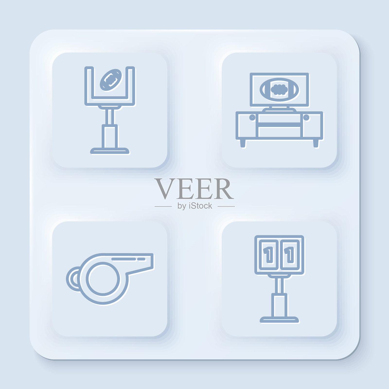 设置线美式足球门柱和足球，美式足球电视节目和看台，哨子和运动足球机械记分牌和结果显示。白色方形按钮。向量插画图片素材