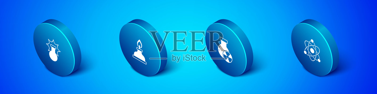 设置等距化学爆炸，试管辐射，原子和酒精或精神燃烧器图标。向量插画图片素材