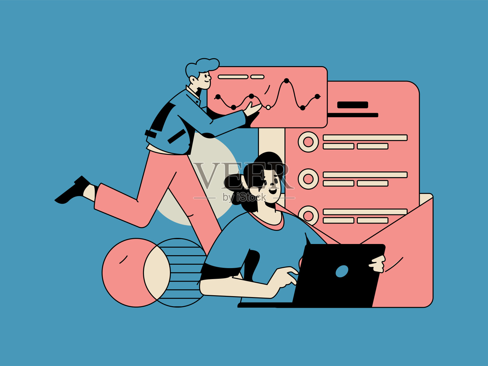 平面矢量插图的业务人员操作的工作场景插画图片素材