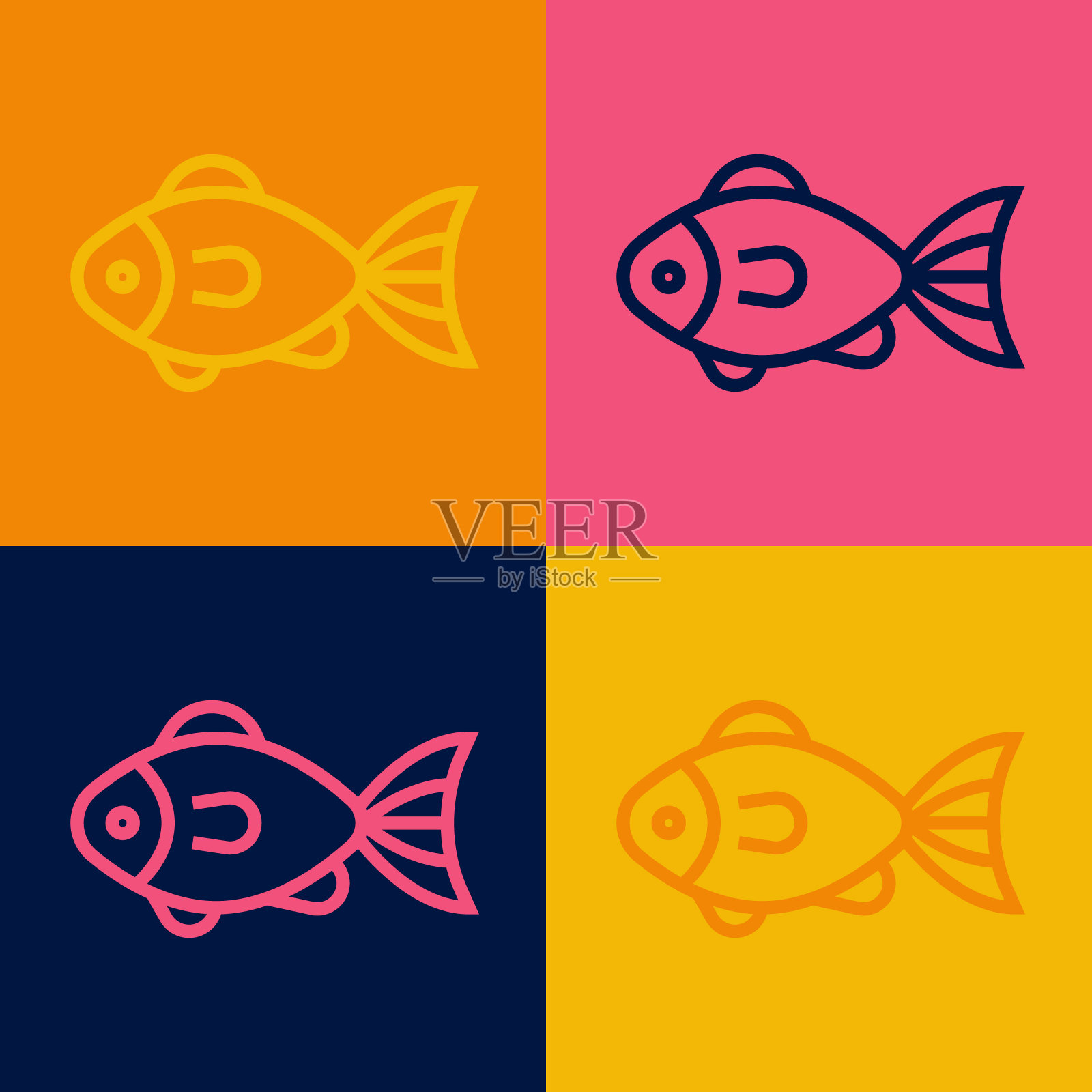 波普艺术线鱼图标孤立的颜色背景。向量插画图片素材