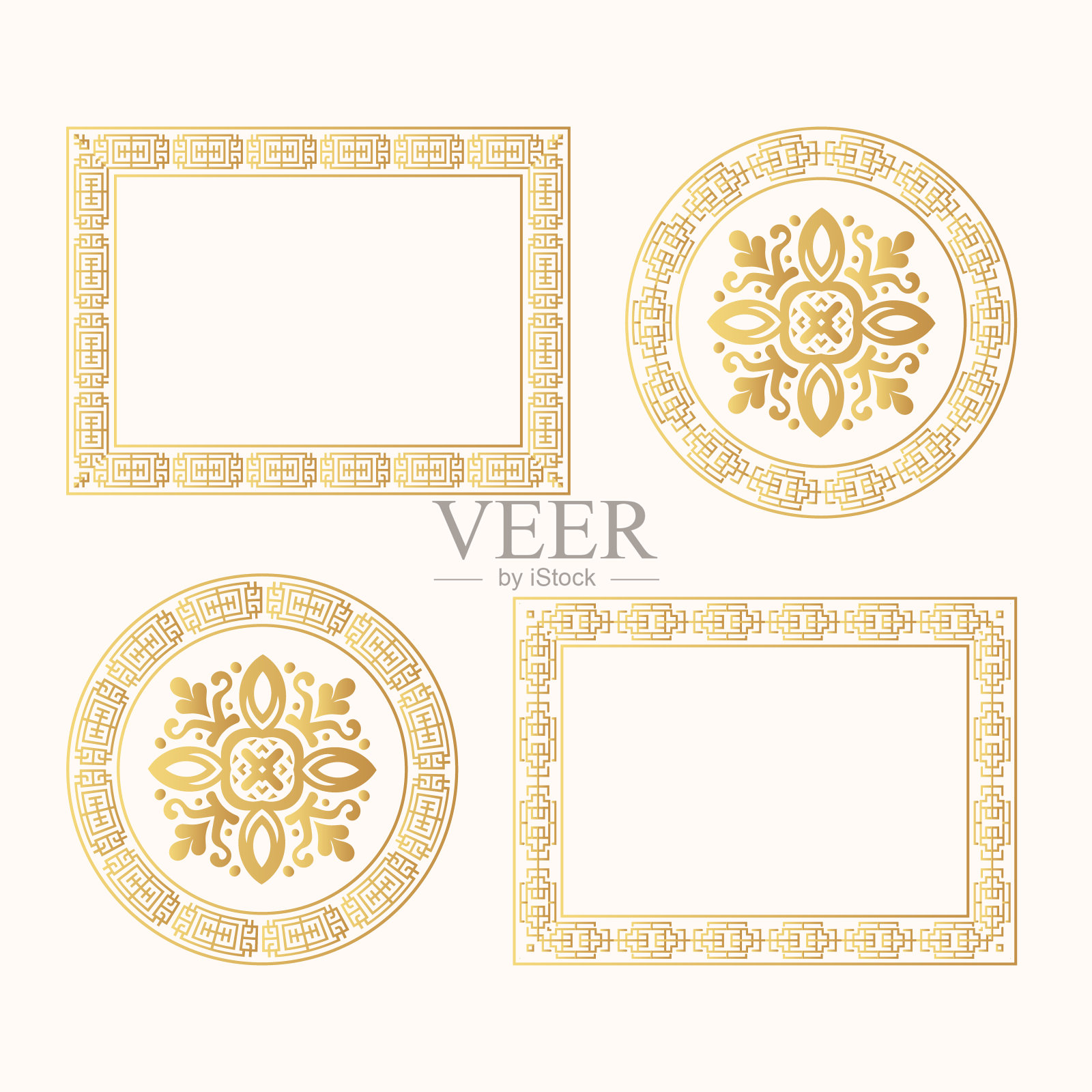 四个带有中国传统装饰的金色装饰框。手绘孤立的卡片，邀请，封面和印刷品的设计元素集。插画图片素材