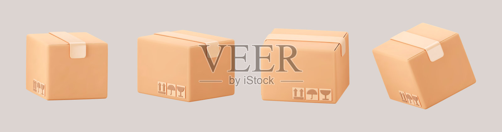 三维纸板封闭盒图标集与符号隔离在灰色背景。投递货箱上带有易碎物品保护标志符号，小心搬运，防水防雨。三维真实感矢量插画图片素材