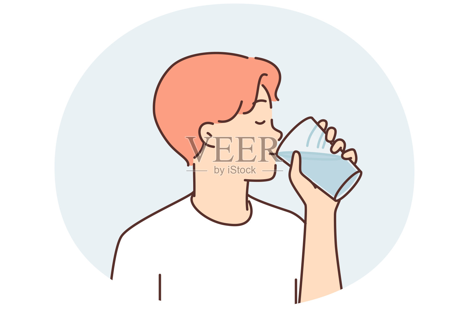 口渴的人喝透明玻璃杯里的水，想在走路后恢复精神插画图片素材