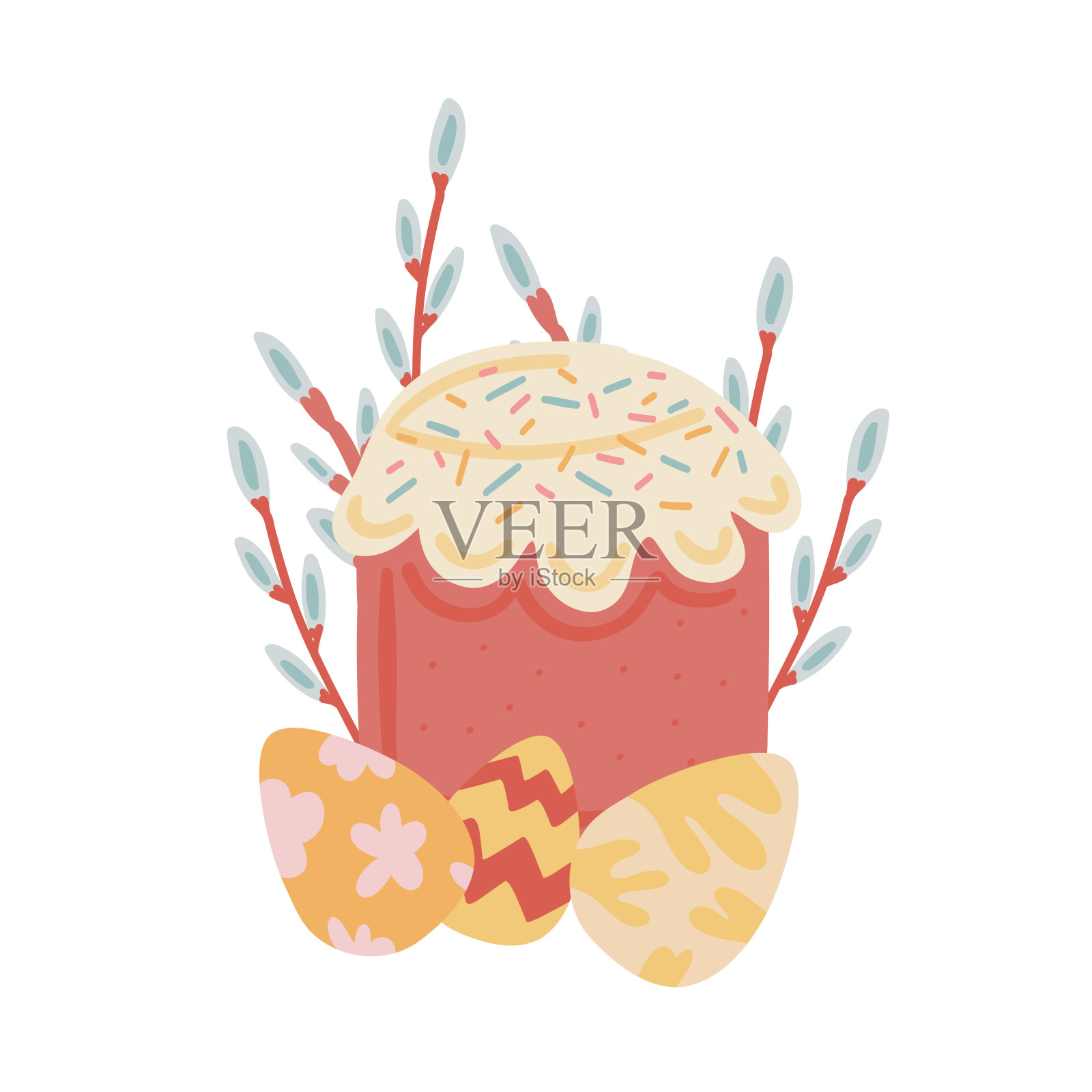 柳树复活节蛋糕和鸡蛋春天的平面设计集插画图片素材