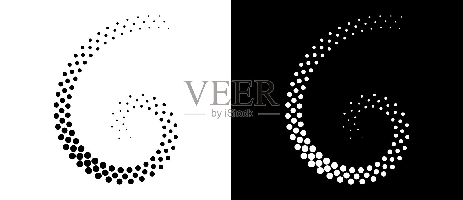 现代抽象背景。半色调圆点呈圆形。螺旋标志，图标或设计元素。黑点在白底，白点在黑面。插画图片素材