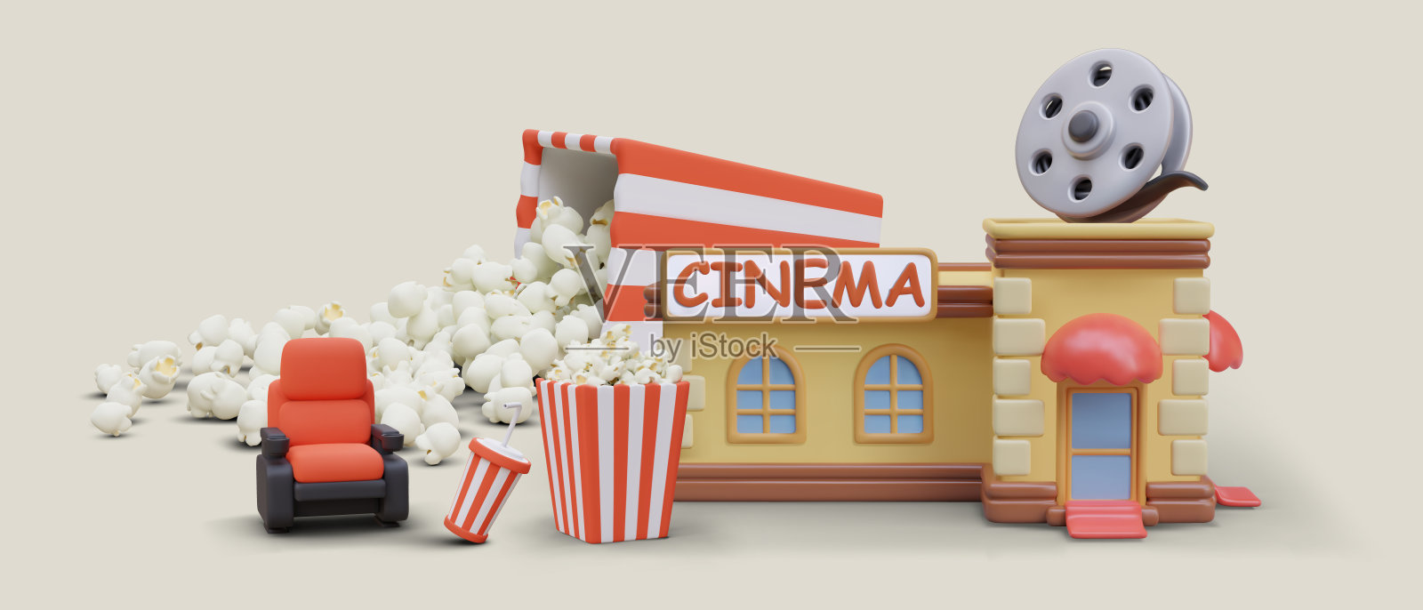 彩色矢量电影院大楼，红椅子，巨大的爆米花盒，饮料插画图片素材