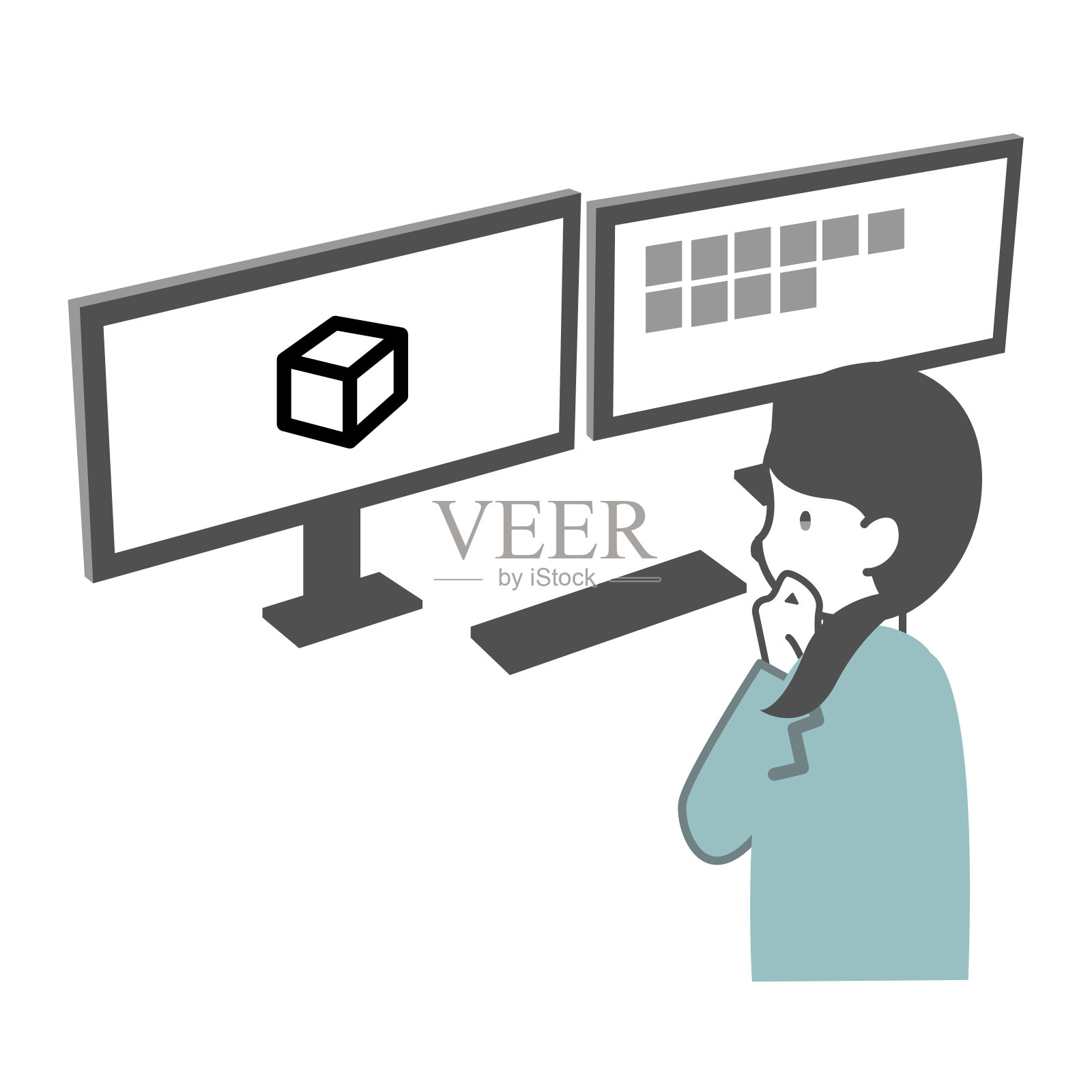 在电脑前困惑的女员工插画图片素材