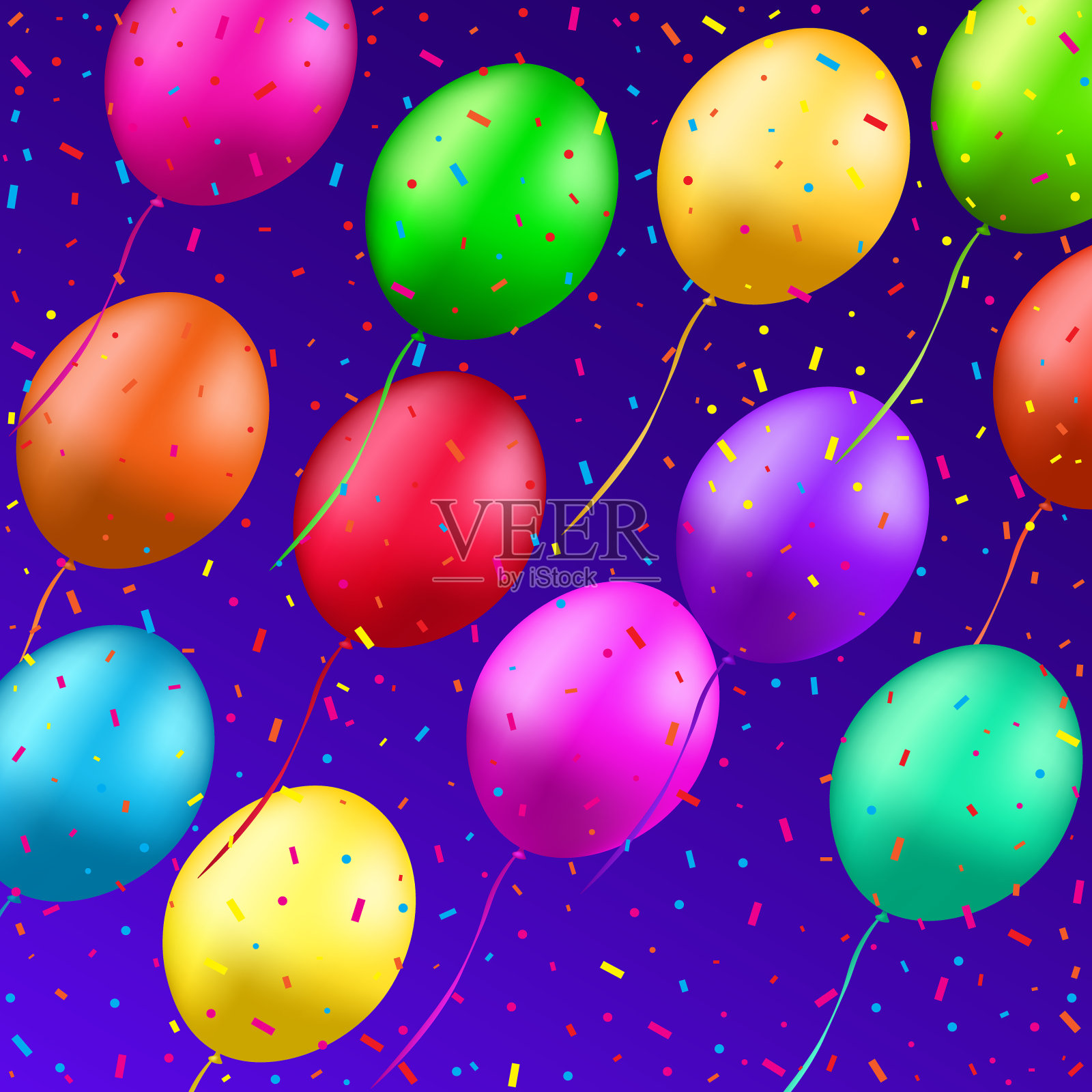 节日背景与气球和五彩纸屑，矢量插图。插画图片素材