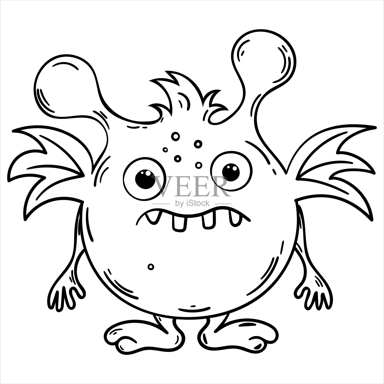 怪物在白色与黑色轮廓的颜色。孤立的卡通外星人。可爱的小妖精。可爱的怪物。插画图片素材