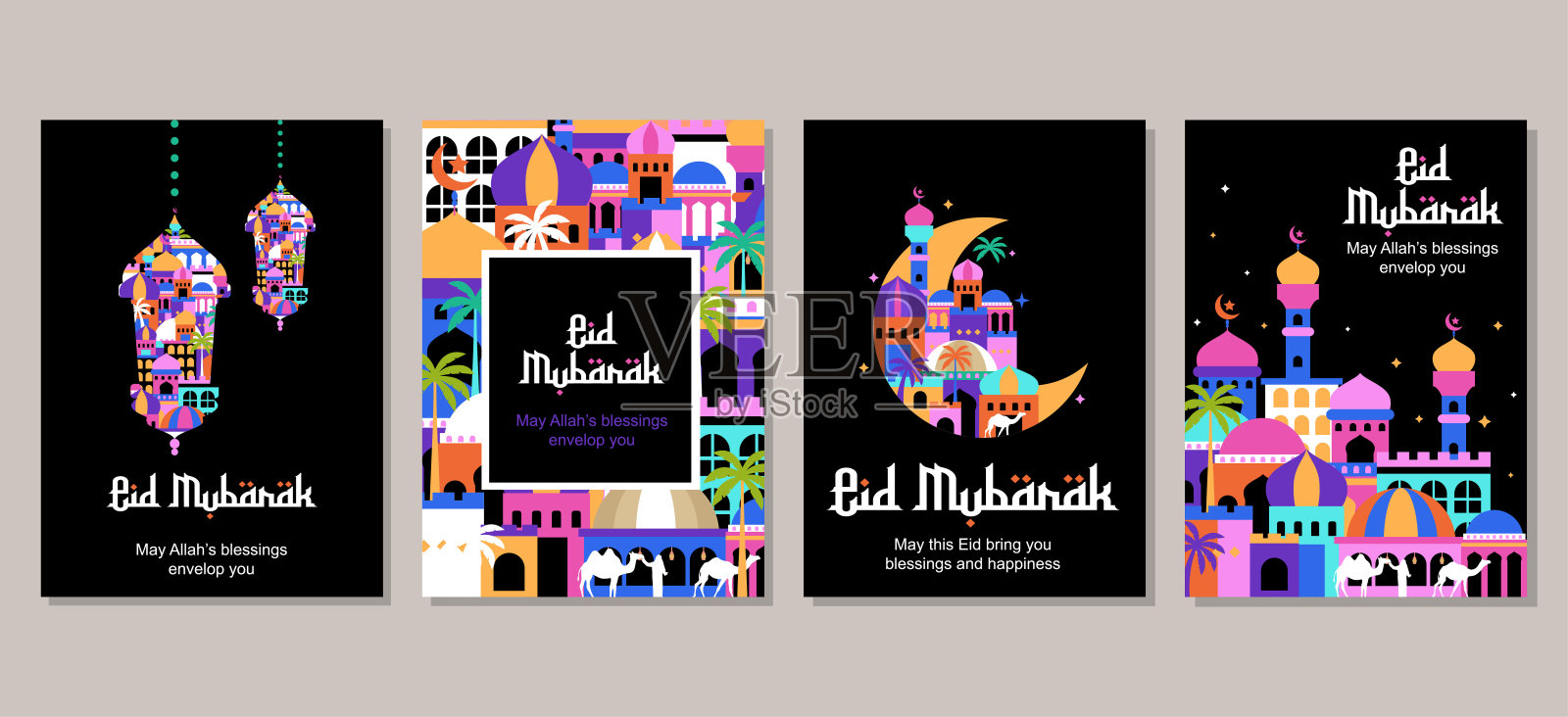 一套开斋节穆巴拉克al fitr伊斯兰阿拉伯清真寺建筑插图的海报横幅，封面模板插画图片素材