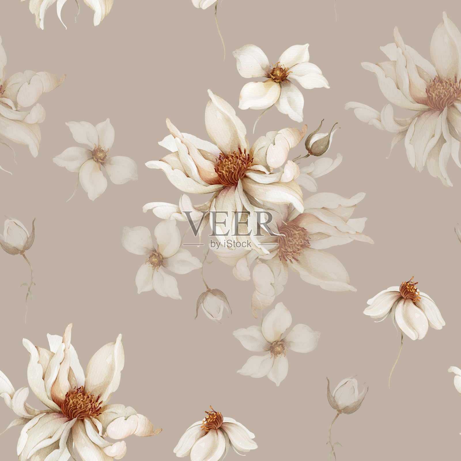 一束褪色的玫瑰在水彩风格无缝图案插画图片素材