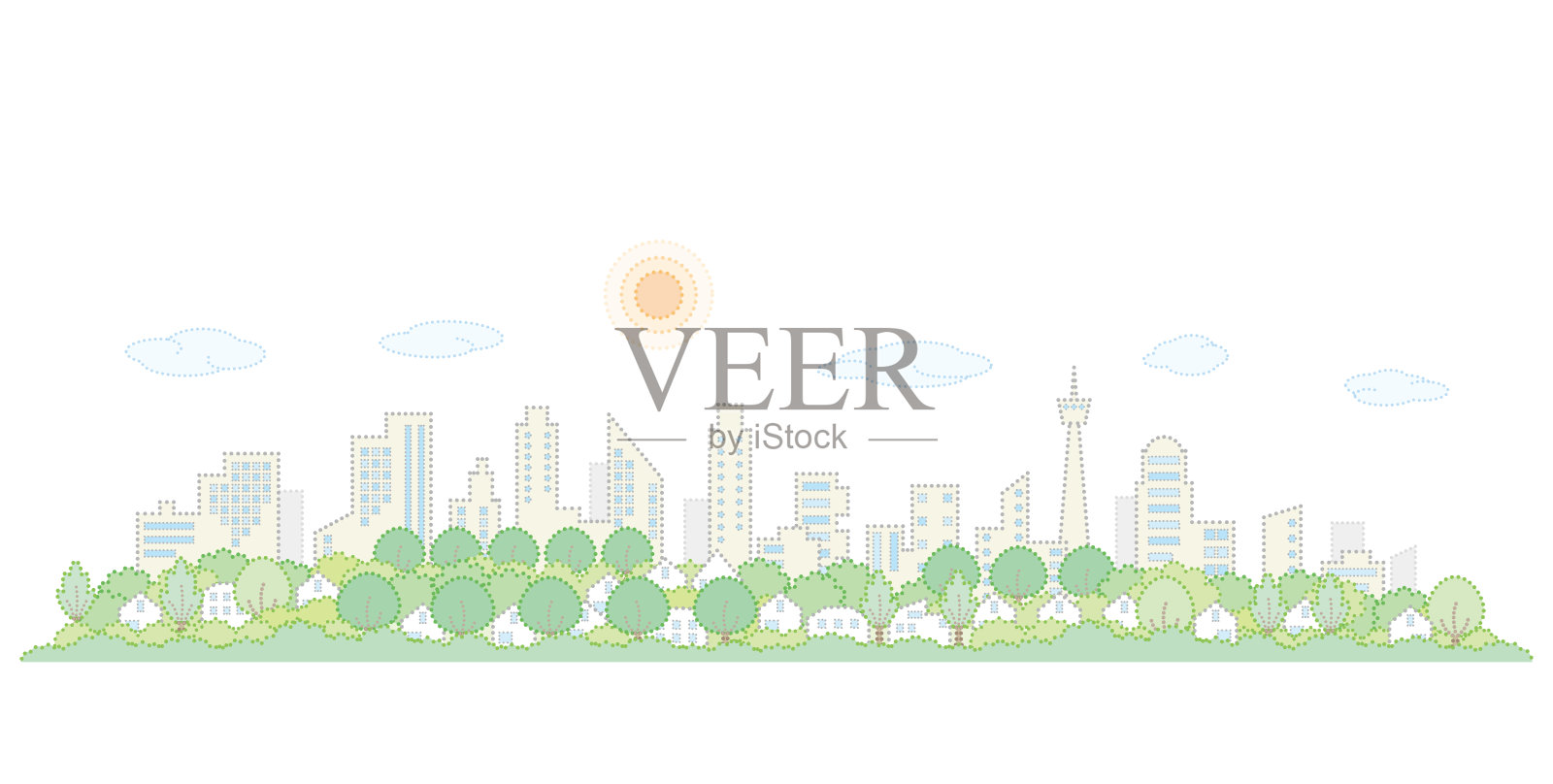 清新的绿色城市景观。矢量插图的点画。插画图片素材