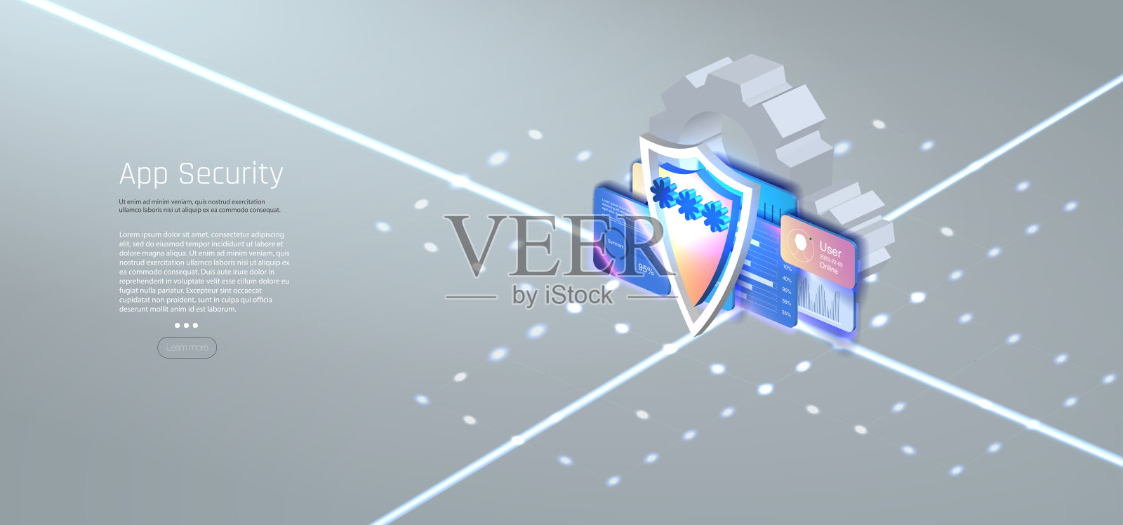 发光的蓝色盾牌象征着数字安全，周围是黑色背景上复杂的电路线路。插画图片素材